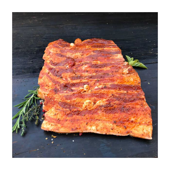 Mangalitza Schweinebauch, in Scheiben, mariniert